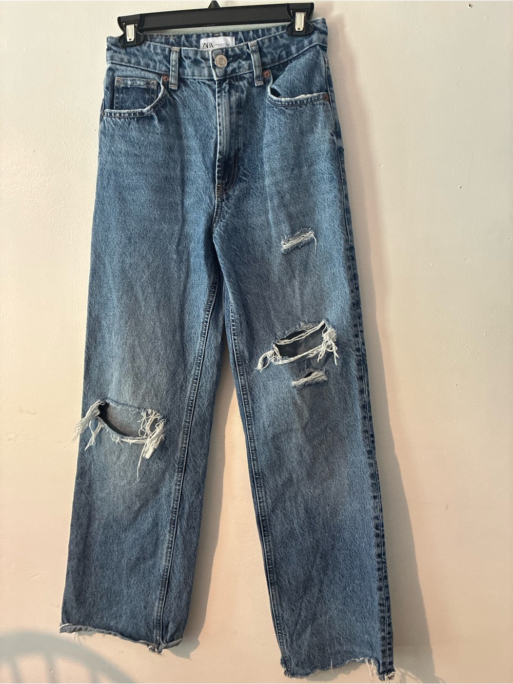 Zara Wide Leg Distressed Jeans Light Wash Denim Size 4